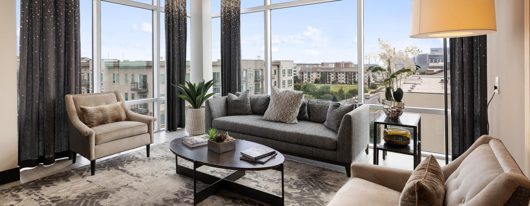 a living room with a large window